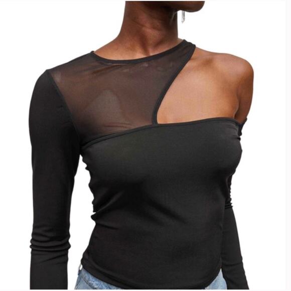 NWT Elodie Black Mesh One Shoulder Bodysuit Size L - Picture 9 of 9